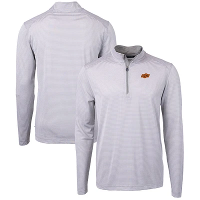 Men's Cutter & Buck Gray/White Oklahoma State Cowboys Big Tall Virtue Eco Pique Micro Stripe Recycled Quarter-Zip Pullover Top