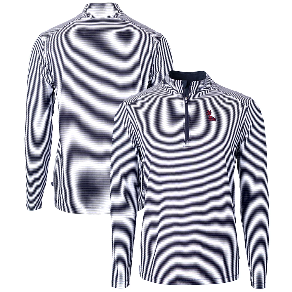 Men's Cutter & Buck Navy/White Ole Miss Rebels Big Tall Virtue Eco Pique Micro Stripe Recycled Quarter-Zip Pullover Top