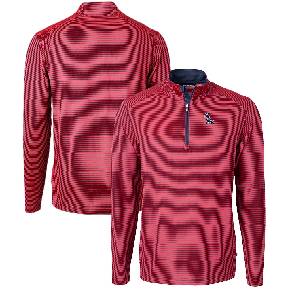 Men's Cutter & Buck Red/Navy Ole Miss Rebels Big Tall Virtue Eco Pique Micro Stripe Recycled Quarter-Zip Pullover Top