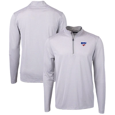 Men's Cutter & Buck Gray/White SMU Mustangs Big Tall Virtue Eco Pique Micro Stripe Recycled Quarter-Zip Pullover Top