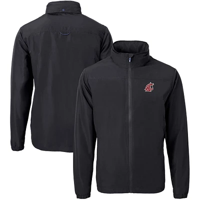 Men's Cutter & Buck Black Washington State Cougars Big Tall Charter Eco Knit Recycled Full-Zip Jacket