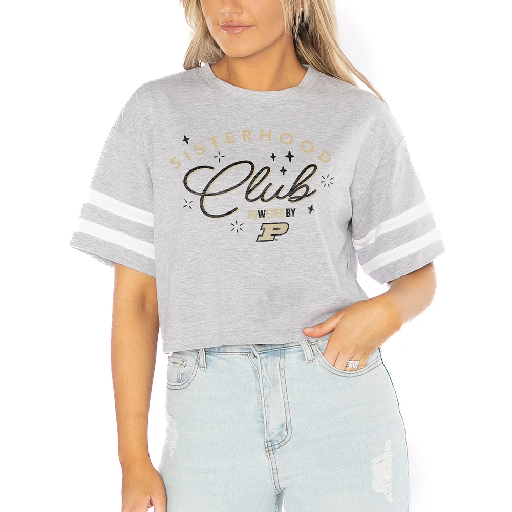Women's Gameday Couture Gray Purdue Boilermakers PoweredBy Sisterhood Drop Shoulder Sleeve Stripe Cropped Tri-Blend T-Shirt