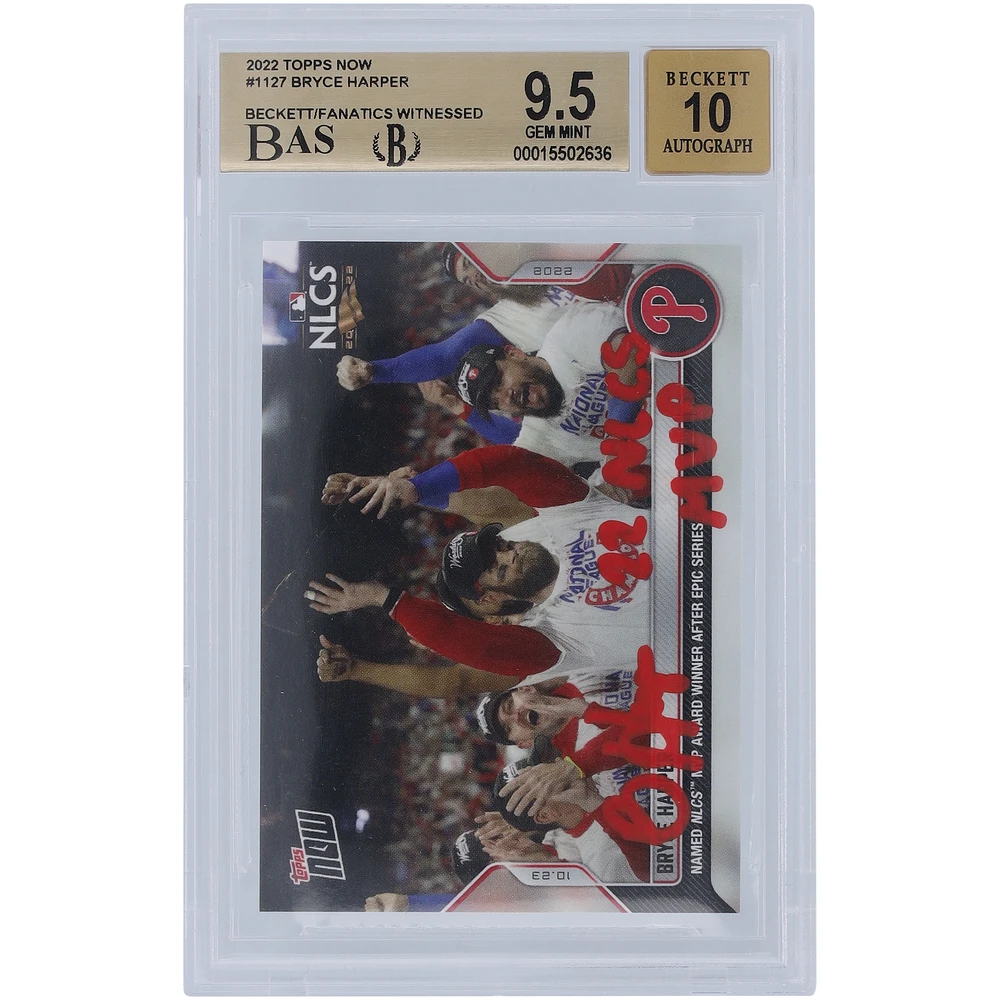 Bryce Harper Philadelphia Phillies Autographed 2022 Topps Now Red Ink #1127 Beckett Fanatics Witnessed Authenticated 9.5/10 Card with "22 NLCS MVP" Inscription - 9.5,9.5,10,9 Subgrades