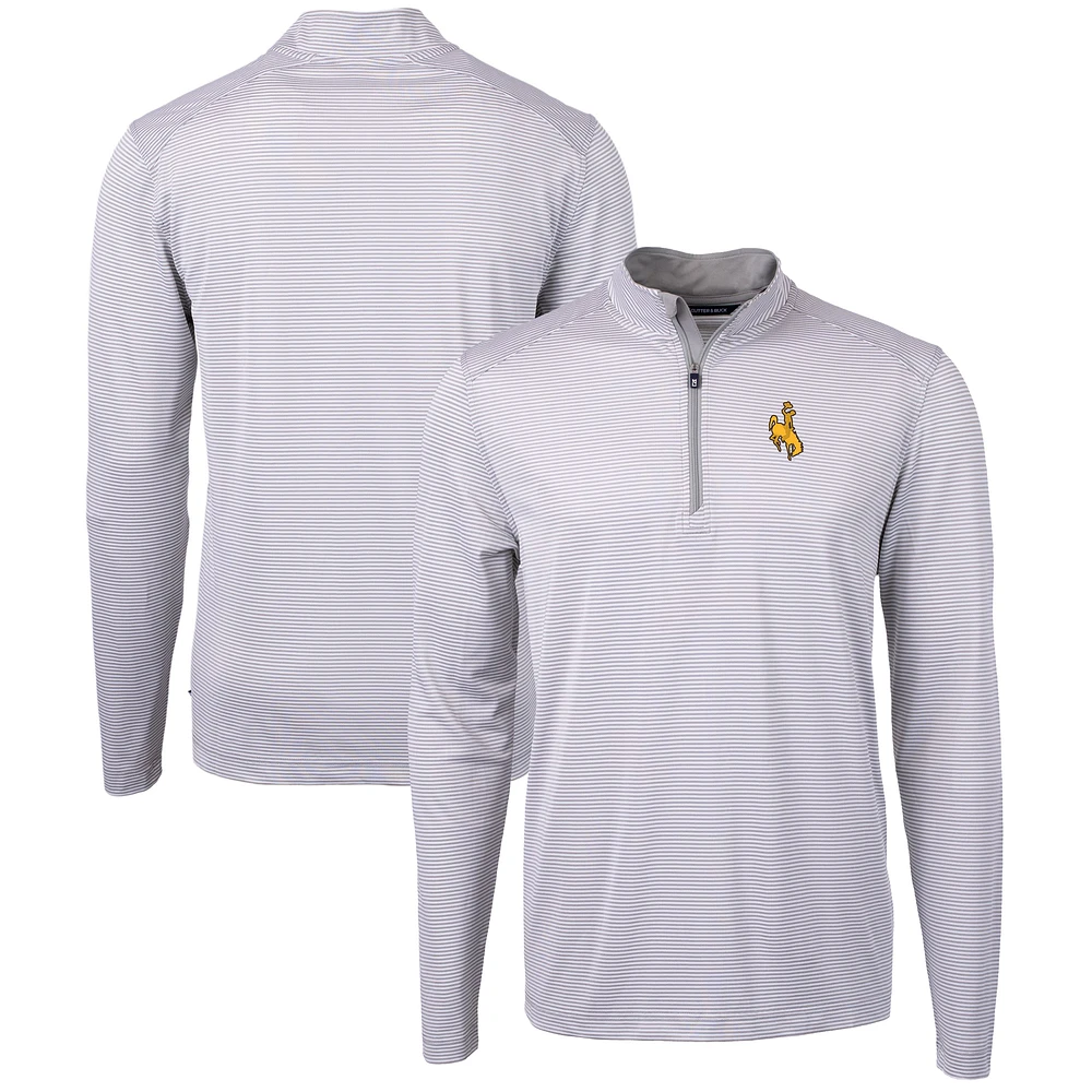 Men's Cutter & Buck Gray/White Wyoming Cowboys Big Tall Virtue Eco Pique Micro Stripe Recycled Quarter-Zip Pullover Top