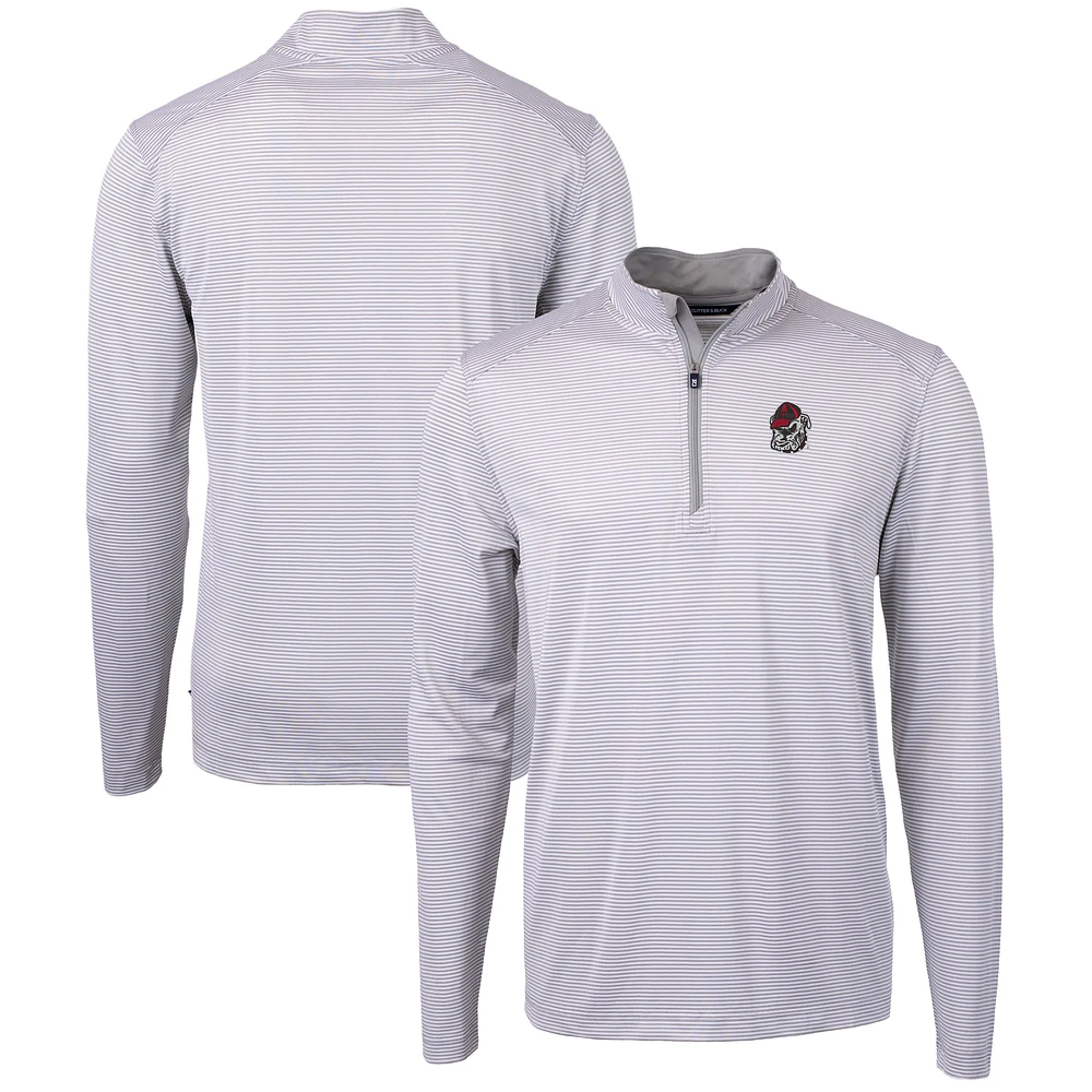 Men's Cutter & Buck Gray/White Georgia Bulldogs Big Tall Virtue Eco Pique Micro Stripe Recycled Quarter-Zip Pullover Top