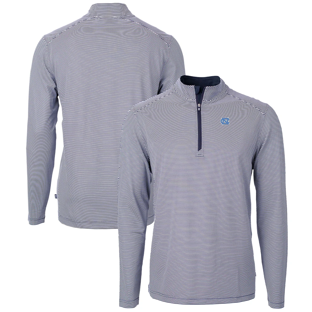Men's Cutter & Buck Navy/White North Carolina Tar Heels Big & Tall Virtue Eco Pique Micro Stripe Recycled Quarter-Zip Pullover Top