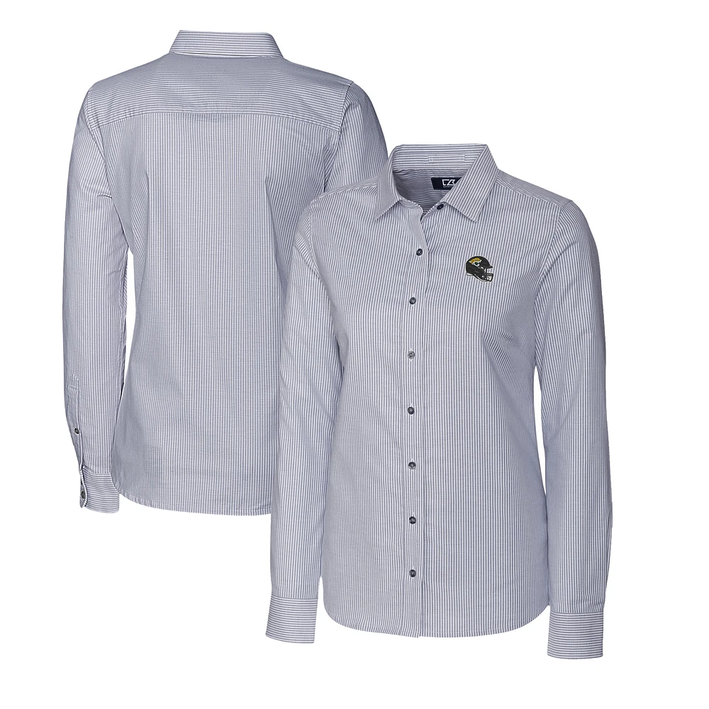 Women's Cutter & Buck Charcoal Jacksonville Jaguars Helmet Logo Stretch Oxford Stripe Long Sleeve Button-Up Shirt