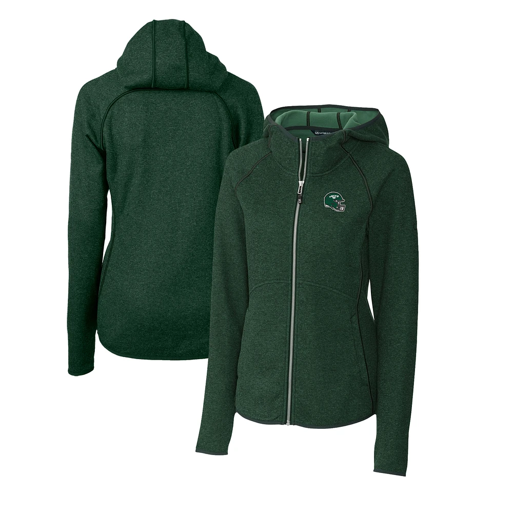 Women's Cutter & Buck Green New York Jets Helmet Logo Mainsail Sweater-Knit Full-Zip Hoodie