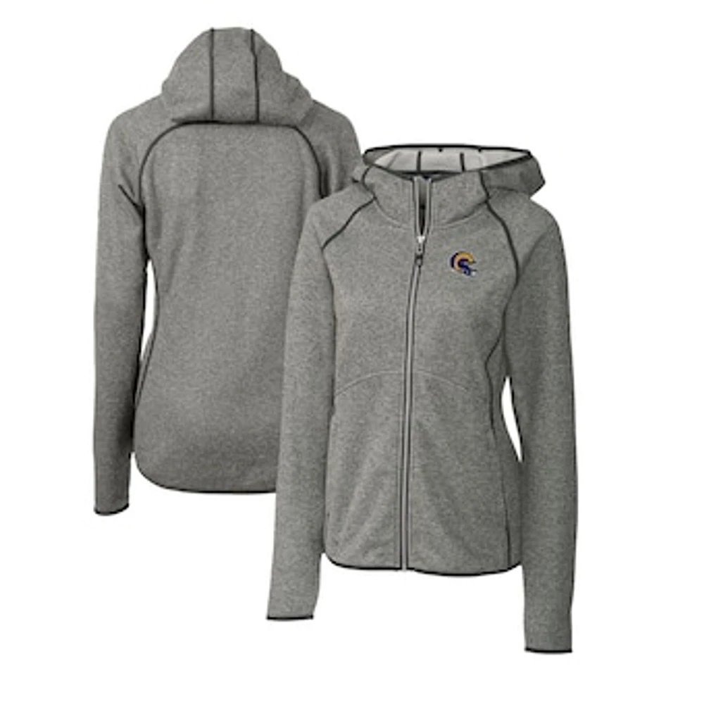 Women's Cutter & Buck Heather Gray Los Angeles Rams Helmet Logo Mainsail Sweater-Knit Full-Zip Hoodie
