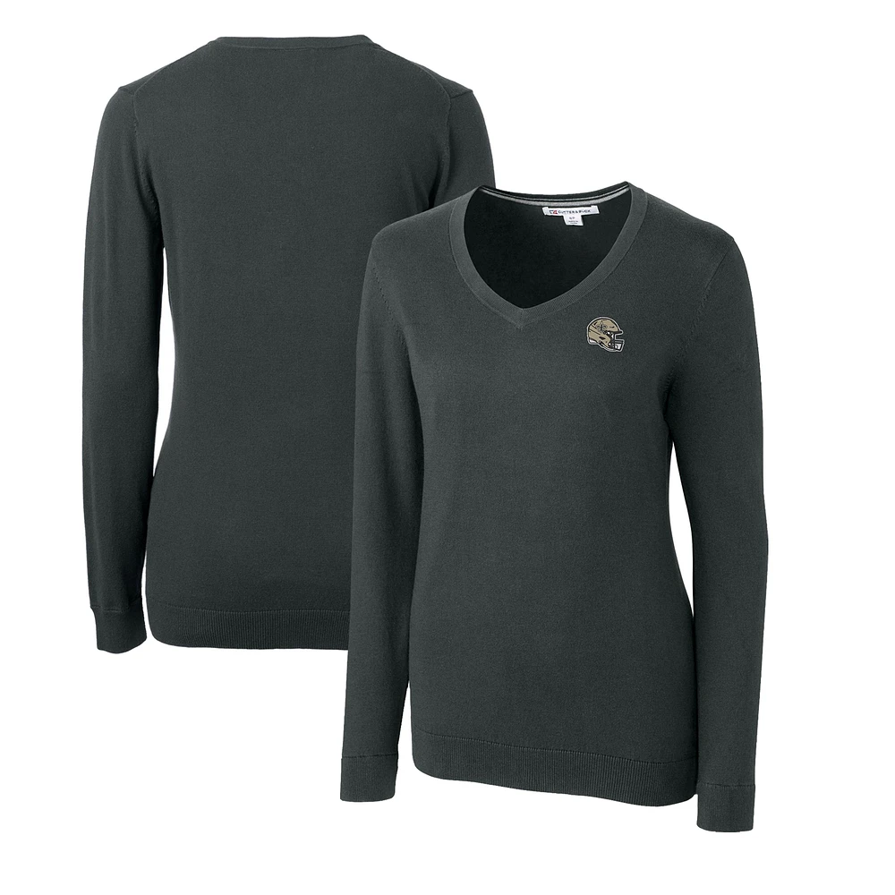 Women's Cutter & Buck Charcoal New Orleans Saints Helmet Logo Lakemont Tri-Blend V-Neck Pullover Sweater