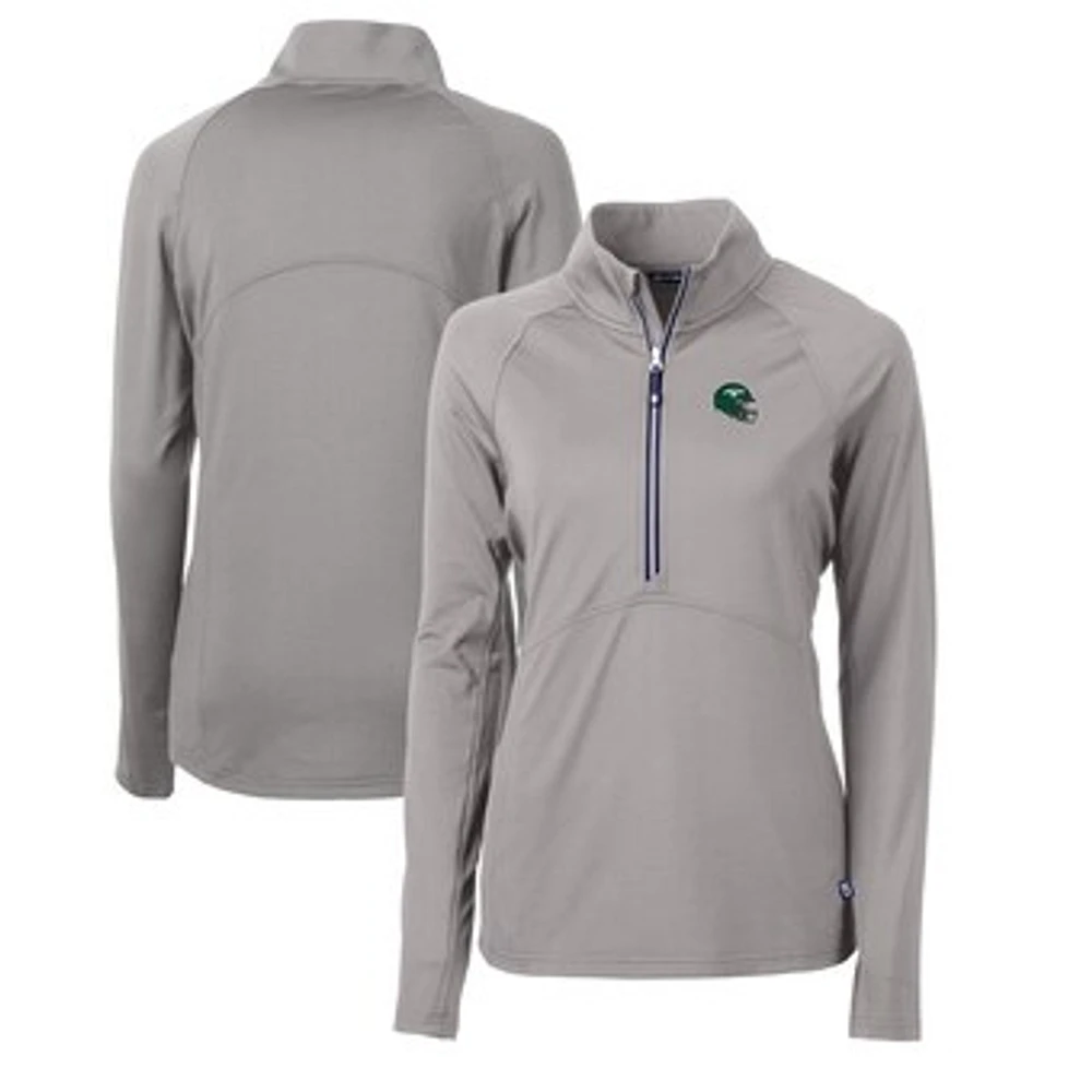 Women's Cutter & Buck Gray New York Jets Helmet Logo Adapt Eco Knit Stretch Recycled Half-Zip Pullover Top