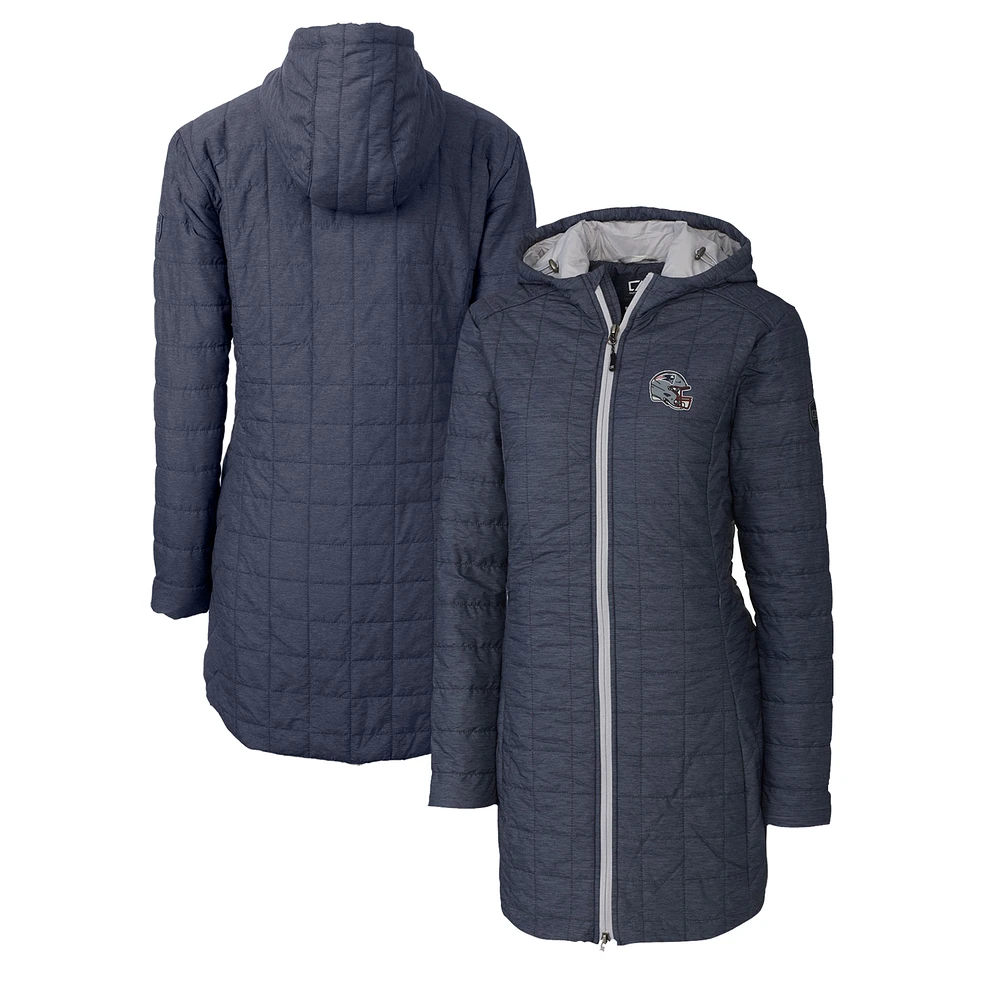 Women's Cutter & Buck Heather Navy New England Patriots Helmet Logo Rainier Primaloft Eco Insulated Hooded Long Coat