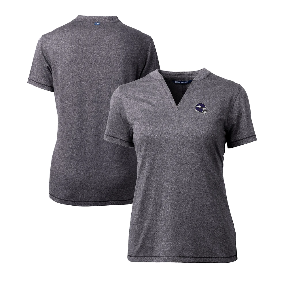 Women's Cutter & Buck Heather Charcoal Minnesota Vikings Helmet Logo DryTec Forge Stretch V-Neck Blade Top