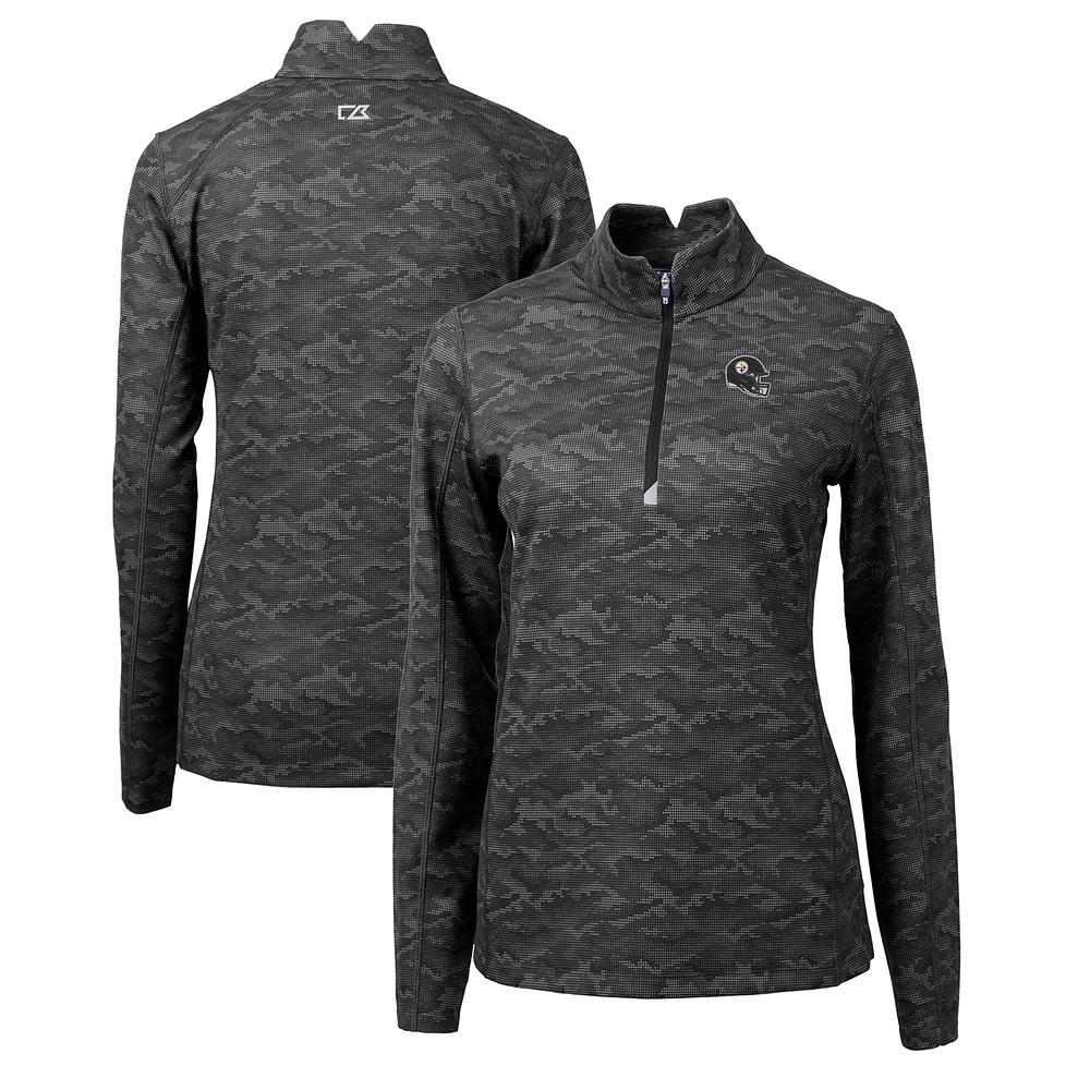 Women's Cutter & Buck Black Pittsburgh Steelers Helmet Logo Traverse Camo Print Stretch Quarter-Zip Pullover Top