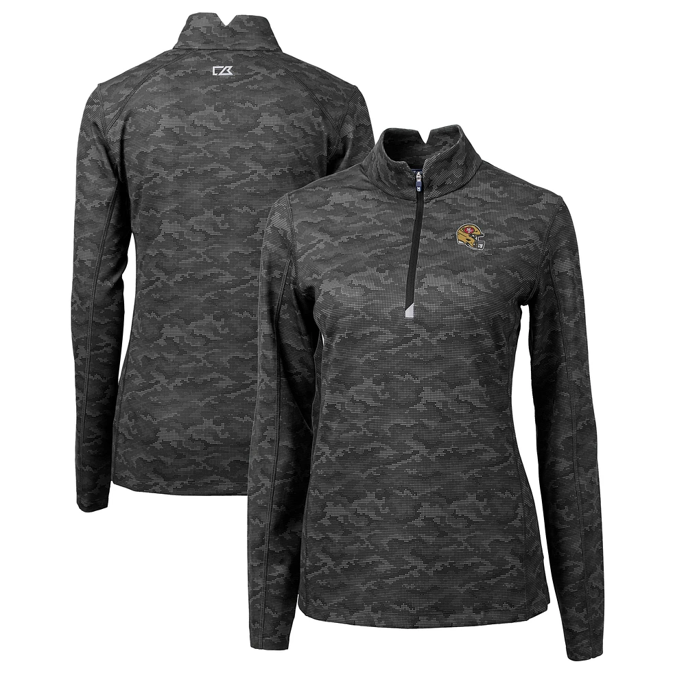 Women's Cutter & Buck Black San Francisco 49ers Helmet Logo Traverse Camo Print Stretch Quarter-Zip Pullover Top