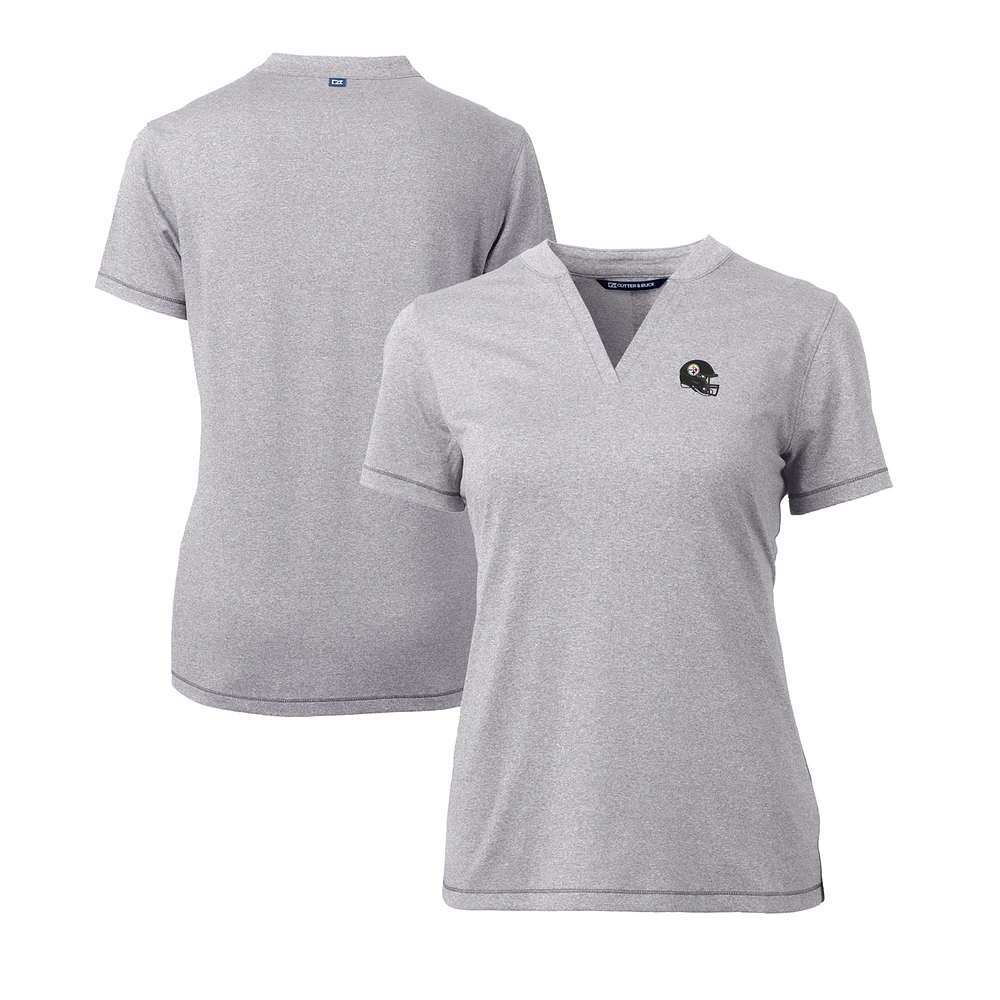 Women's Cutter & Buck Heather Gray Pittsburgh Steelers Helmet Logo DryTec Forge Stretch V-Neck Blade Top
