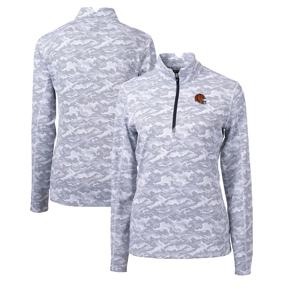 Women's Cutter & Buck Charcoal Cincinnati Bengals Helmet Logo Traverse Camo Print Stretch Quarter-Zip Pullover Top