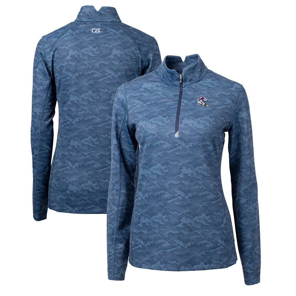 Women's Cutter & Buck Navy Buffalo Bills Helmet Logo Traverse Camo Print Stretch Quarter-Zip Pullover Top