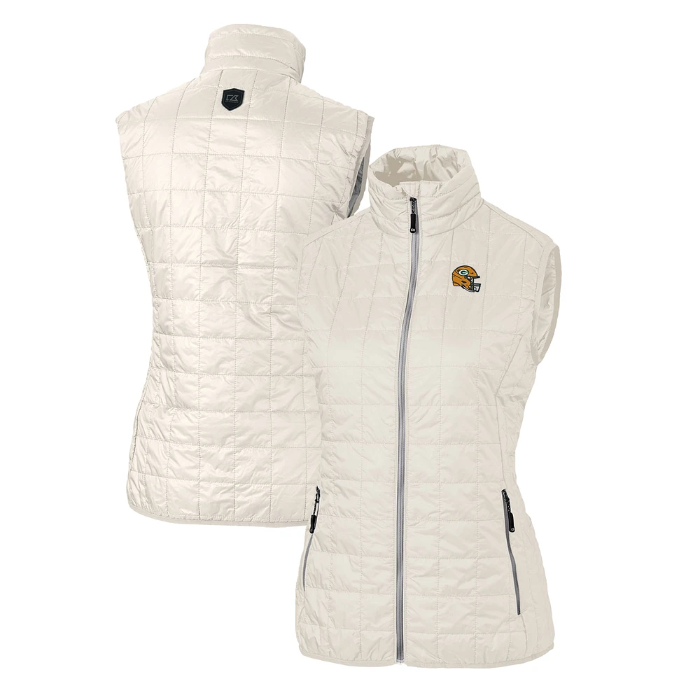 Women's Cutter & Buck Cream Green Bay Packers Helmet Logo Rainier PrimaLoft Eco Insulated Full-Zip Puffer Vest
