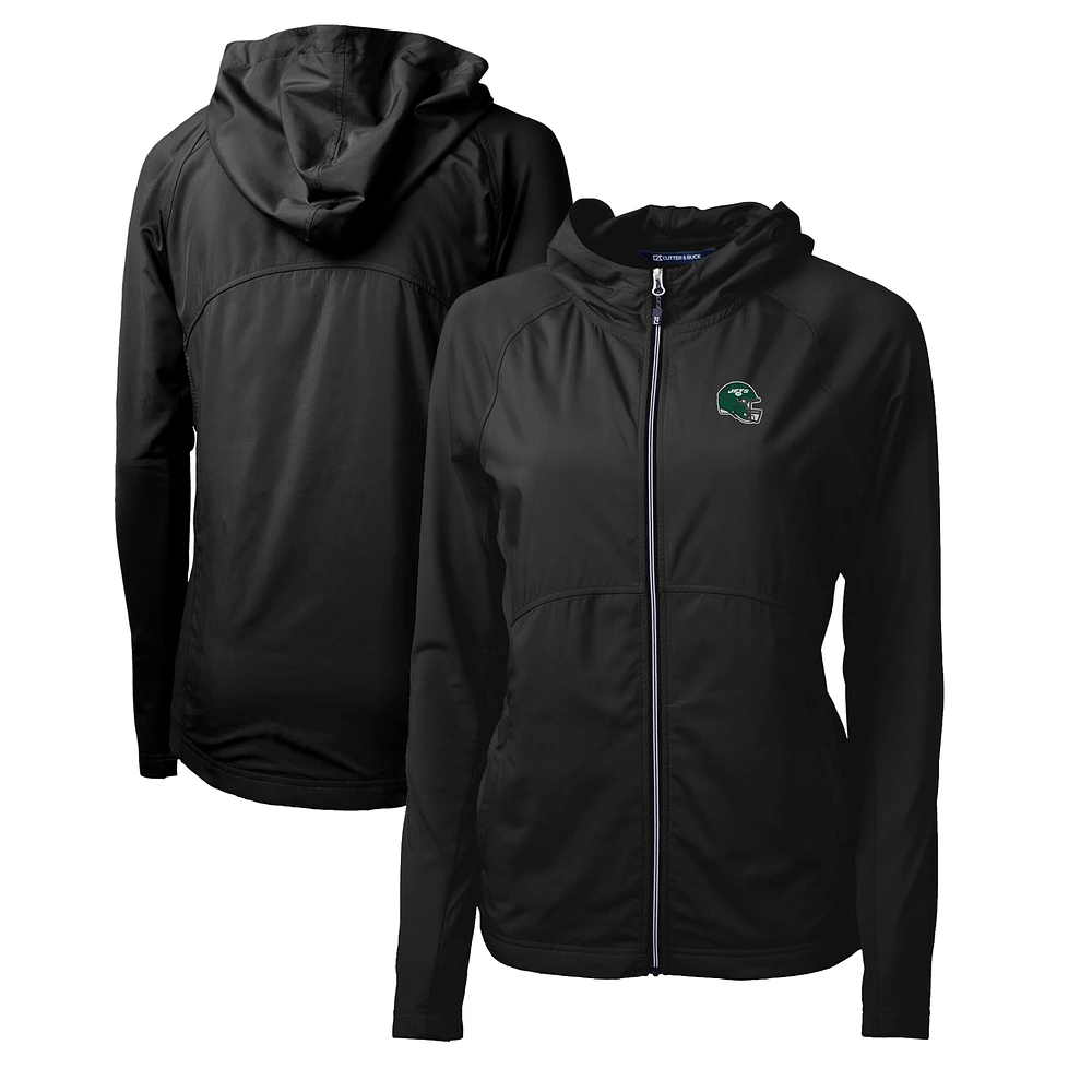 Women's Cutter & Buck Black New York Jets Helmet Logo Adapt Eco Knit Hybrid Recycled Full-Zip Hoodie