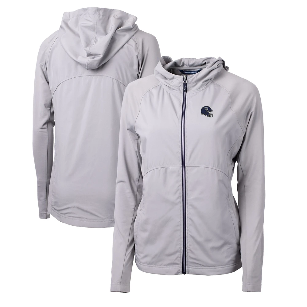 Women's Cutter & Buck Heather Gray New York Giants Helmet Logo Adapt Eco Knit Hybrid Recycled Full-Zip Hoodie