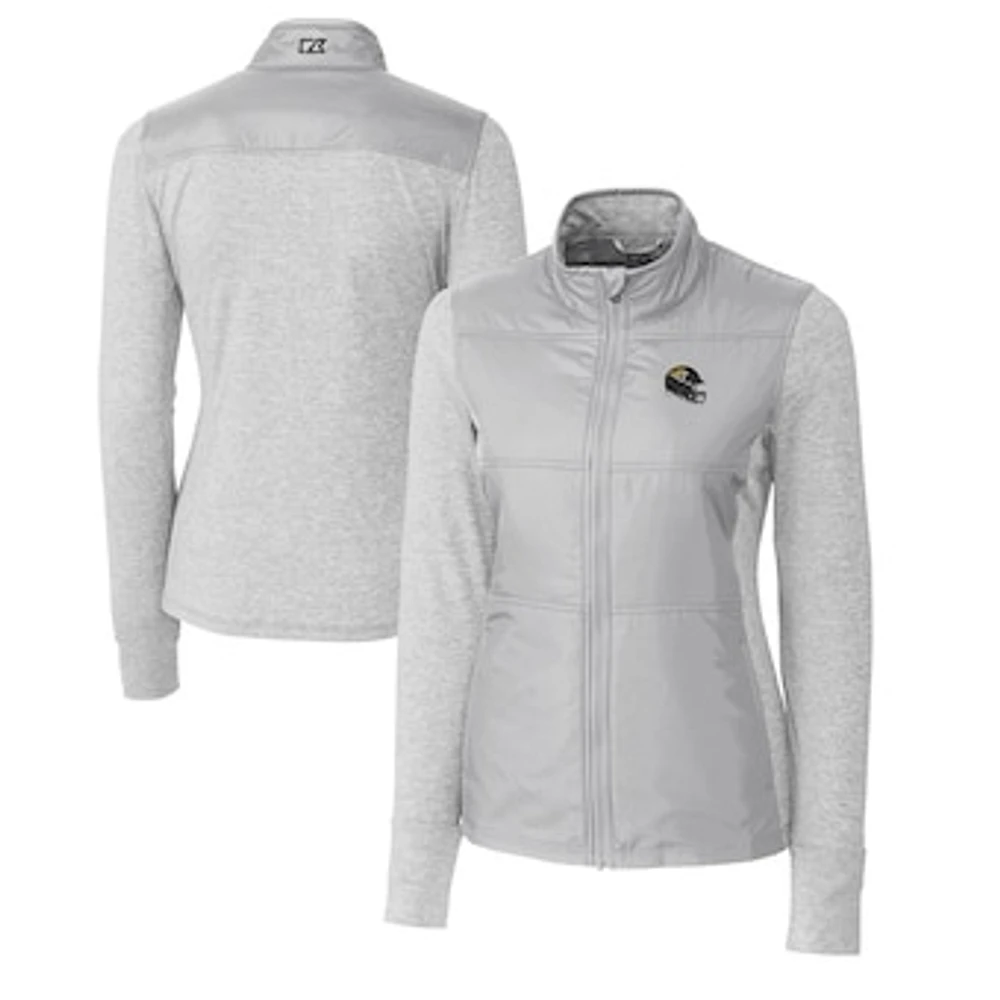 Women's Cutter & Buck Heather Gray Jacksonville Jaguars Helmet Logo DryTec Stealth Hybrid Quilted Full-Zip Windbreaker Jacket