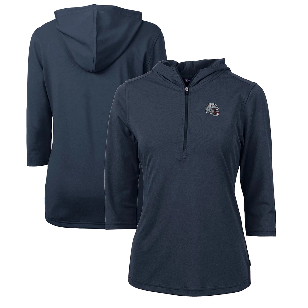Women's Cutter & Buck Navy New England Patriots Helmet Logo DryTec Virtue Eco Pique Recycled 3/4-Sleeve Half-Zip Pullover Hoodie