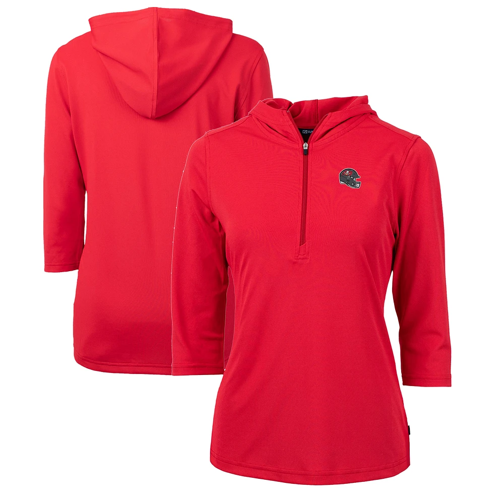 Women's Cutter & Buck Red Tampa Bay Buccaneers Helmet Logo DryTec Virtue Eco Pique Recycled 3/4-Sleeve Half-Zip Pullover Hoodie