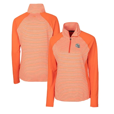 Women's Cutter & Buck Orange Miami Dolphins Helmet Logo DryTec Forge Tonal Stripe Stretch Half-Zip Top