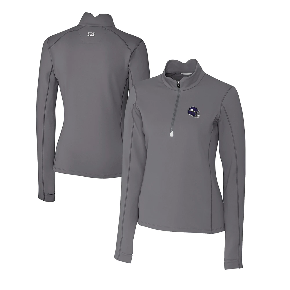 Women's Cutter & Buck Gray Minnesota Vikings Helmet Logo DryTec Traverse Stretch Quarter-Zip Pullover Top