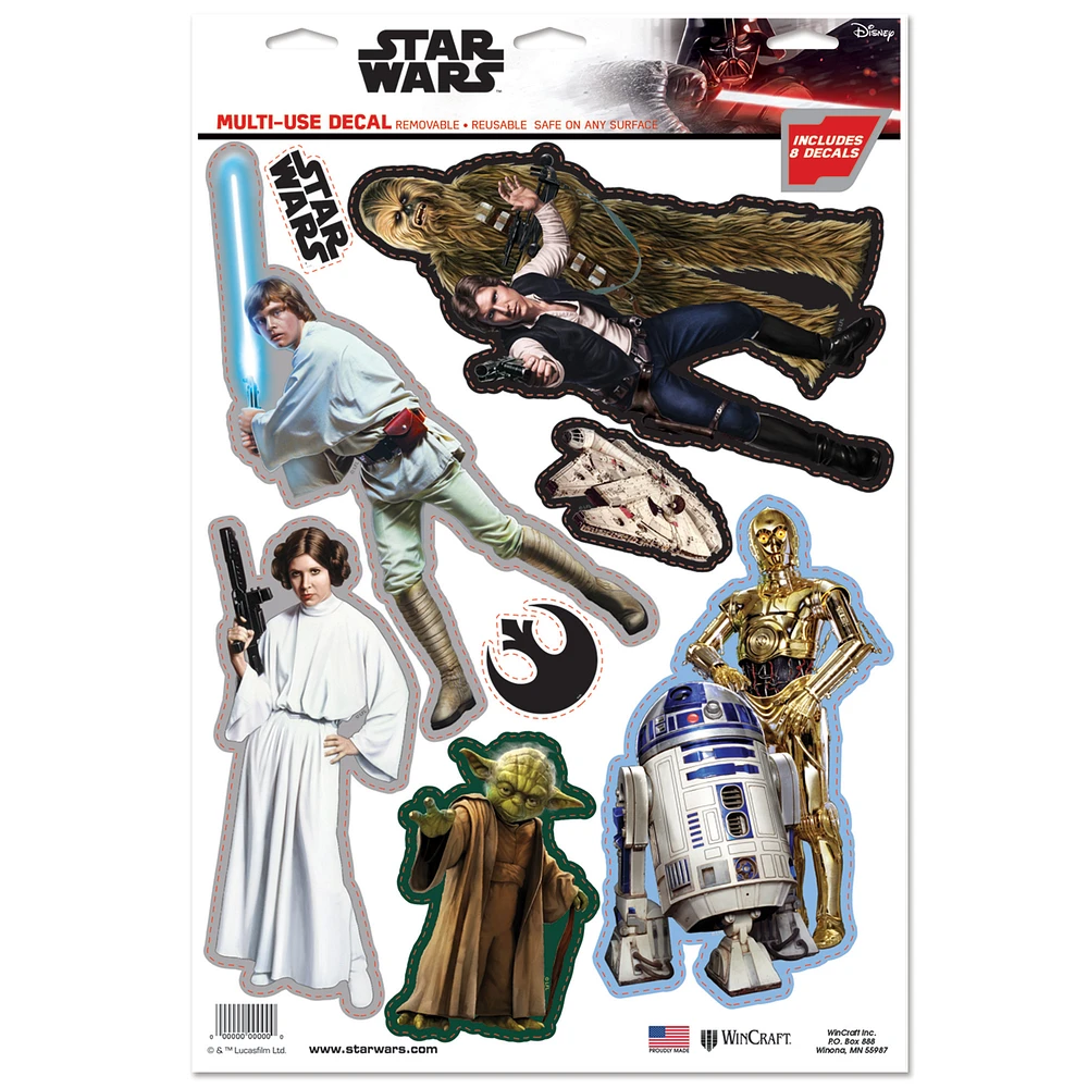 WinCraft Yoda, Princess Leia, Han Solo, C-3PO, R2-D2, Luke Skywalker, Chewbacca Star Wars 11'' x 17'' Multi-Use Decal Set