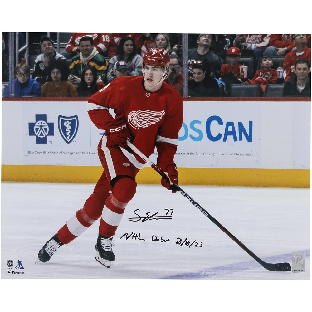 Simon Edvinsson Detroit Red Wings Autographed 16" x 20" NHL Debut Red Jersey Skating Photograph with "NHL Debut 3-18-23" Inscription