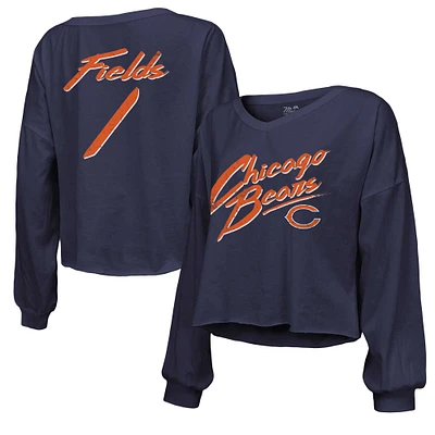 Women's Majestic Threads Justin Fields Navy Chicago Bears Name & Number Off-Shoulder Script Cropped Long Sleeve V-Neck T-Shirt