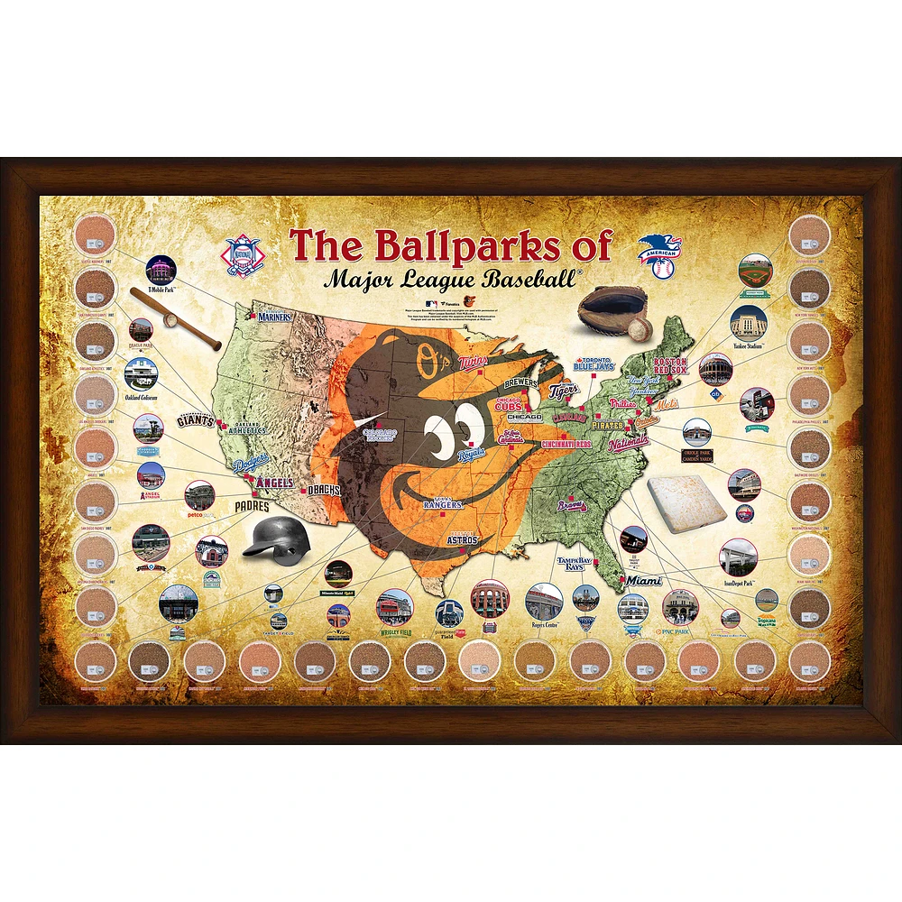 Baltimore Orioles Framed 20" x 32" MLB Parks Map Collage with Game-Used Dirt from All 30 Stadiums