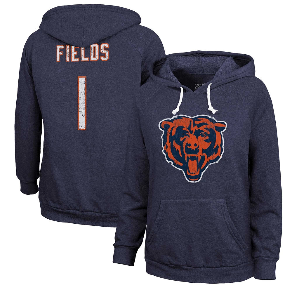 Women's Majestic Threads Justin Fields Navy Chicago Bears Name & Number Tri-Blend Pullover Hoodie