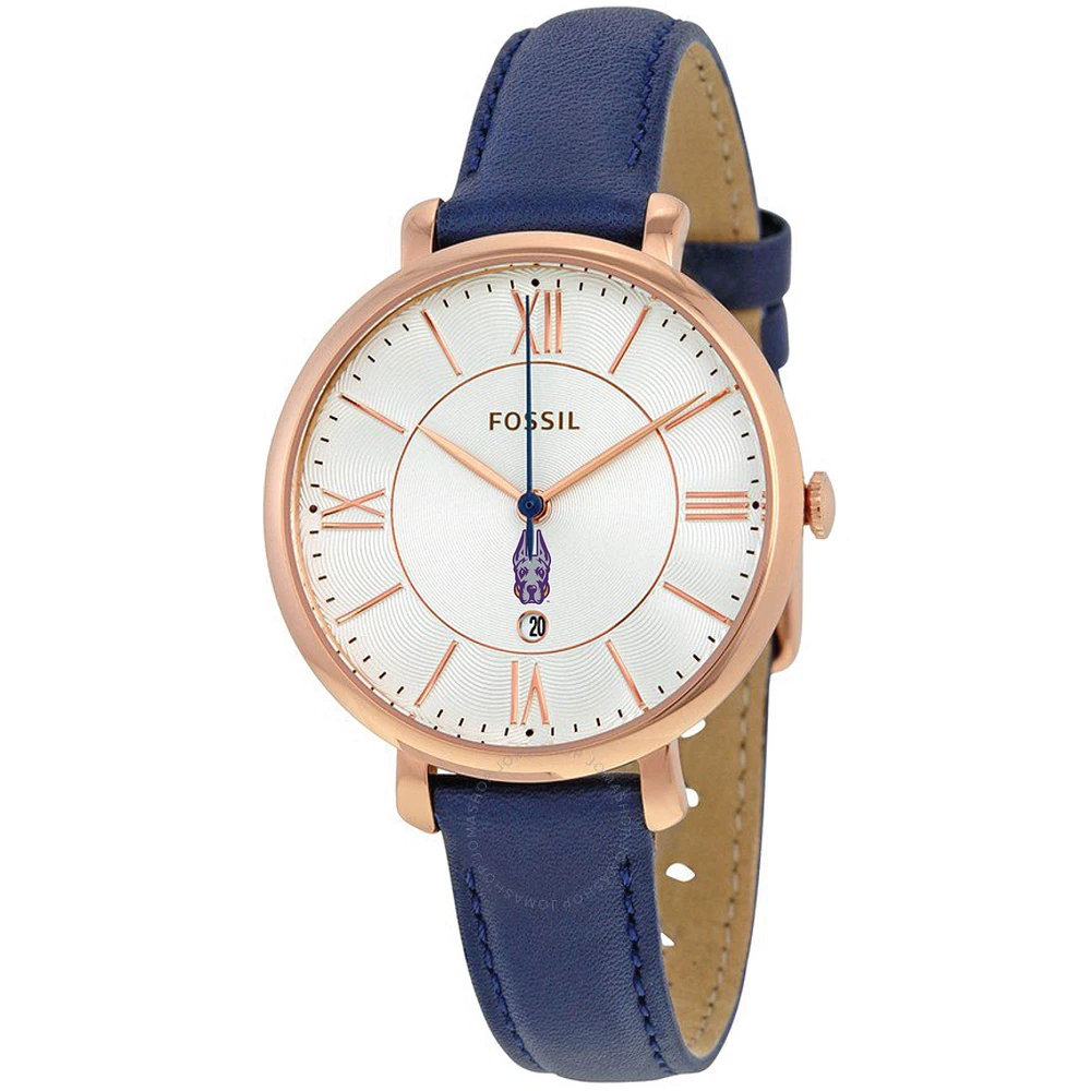 Women's Fossil Navy UAlbany Great Danes Jacqueline Leather Watch