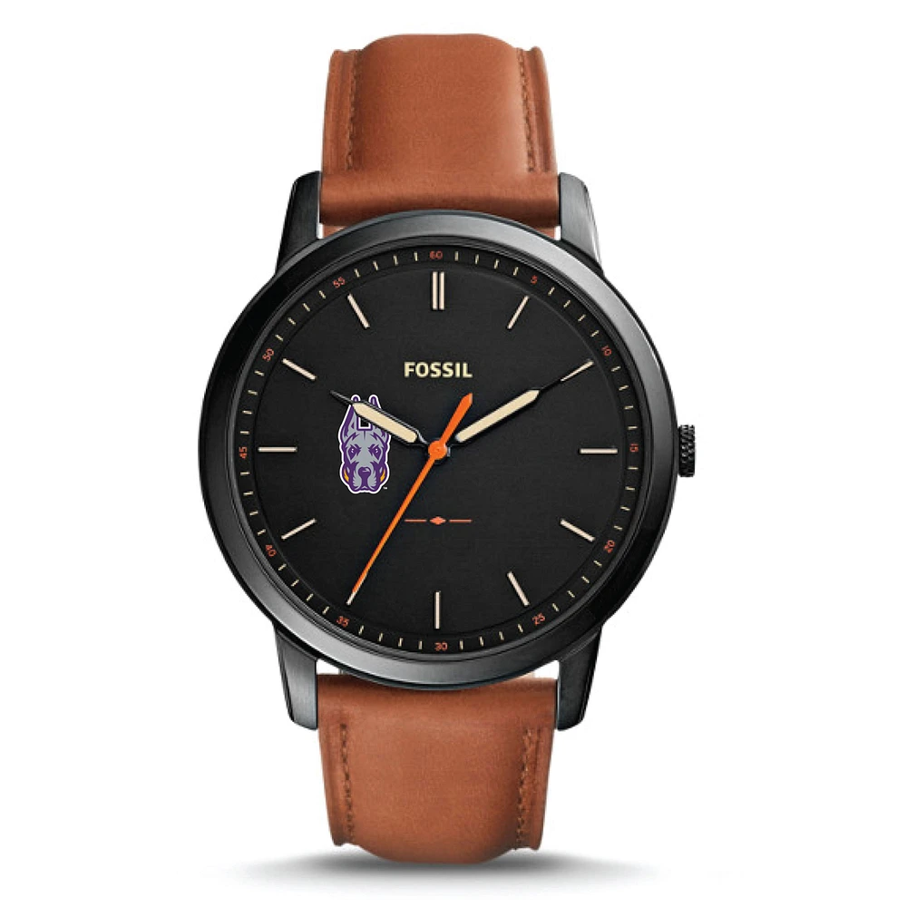 Men's Fossil Black UAlbany Great Danes Minimalist Slim Light Brown Leather Watch
