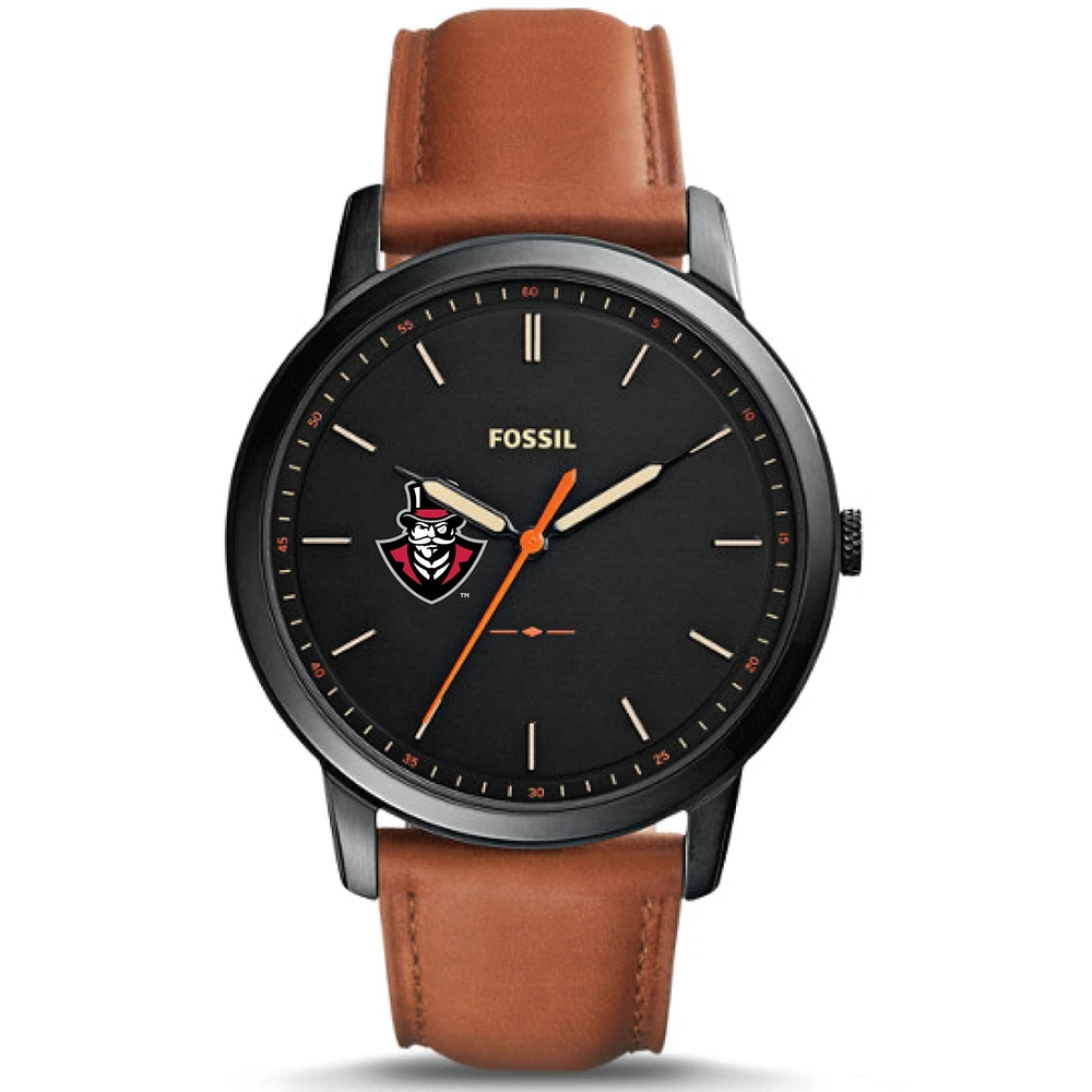 Men's Fossil Black Austin Peay State Governors Minimalist Slim Light Brown Leather Watch