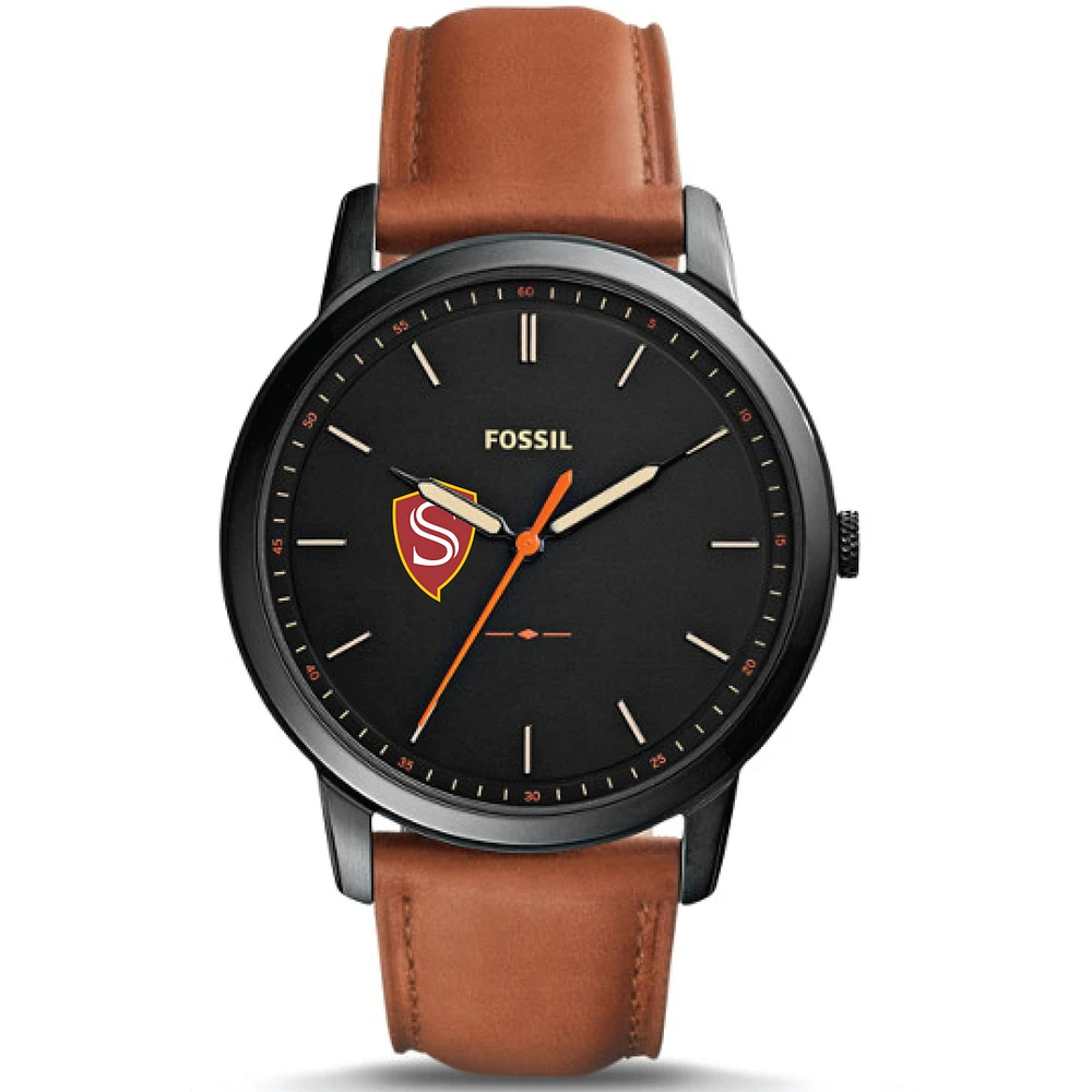 Men's Fossil Black Cal State Stanislaus Warriors Minimalist Slim Light Brown Leather Watch