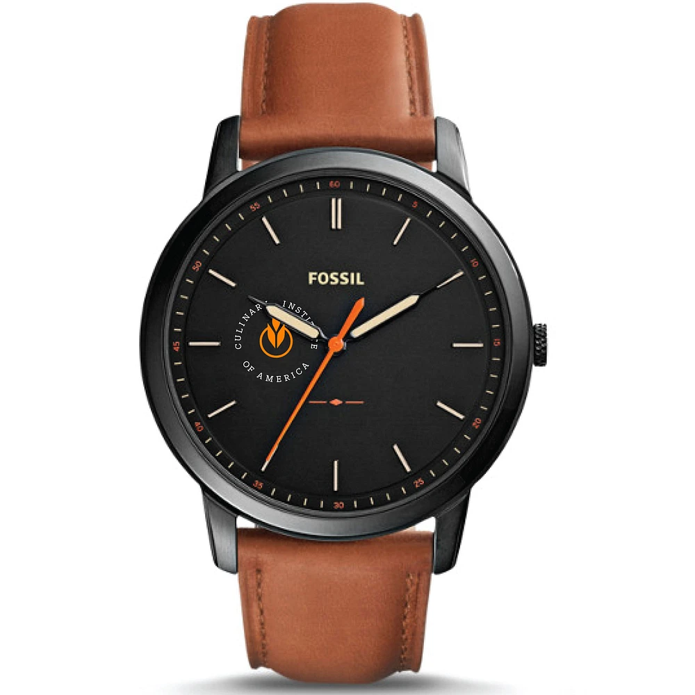 Men's Fossil Black Culinary Institute of America Steels Minimalist Slim Light Brown Leather Watch