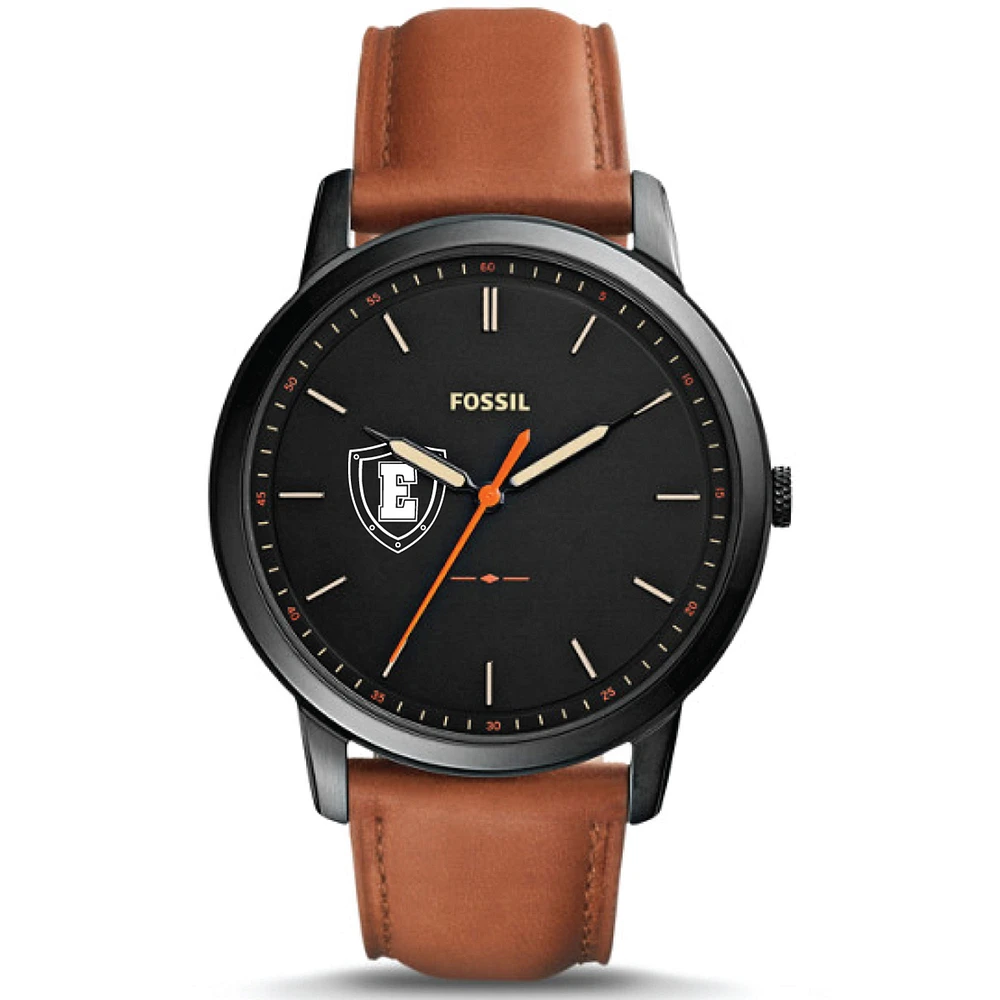 Men's Fossil Black Eastern Connecticut State Warriors Minimalist Slim Light Brown Leather Watch