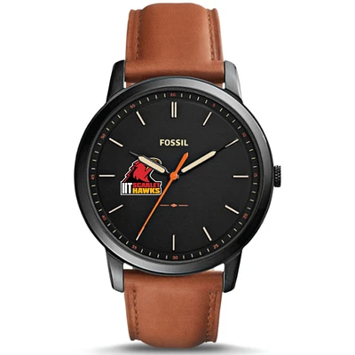 Men's Fossil Black Illinois Tech Scarlet Hawks Minimalist Slim Light Brown Leather Watch