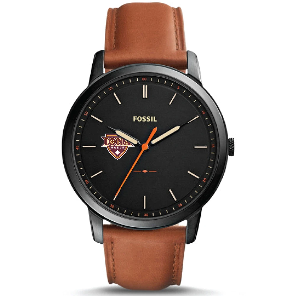 Men's Fossil Black Iona University Gaels Minimalist Slim Light Brown Leather Watch
