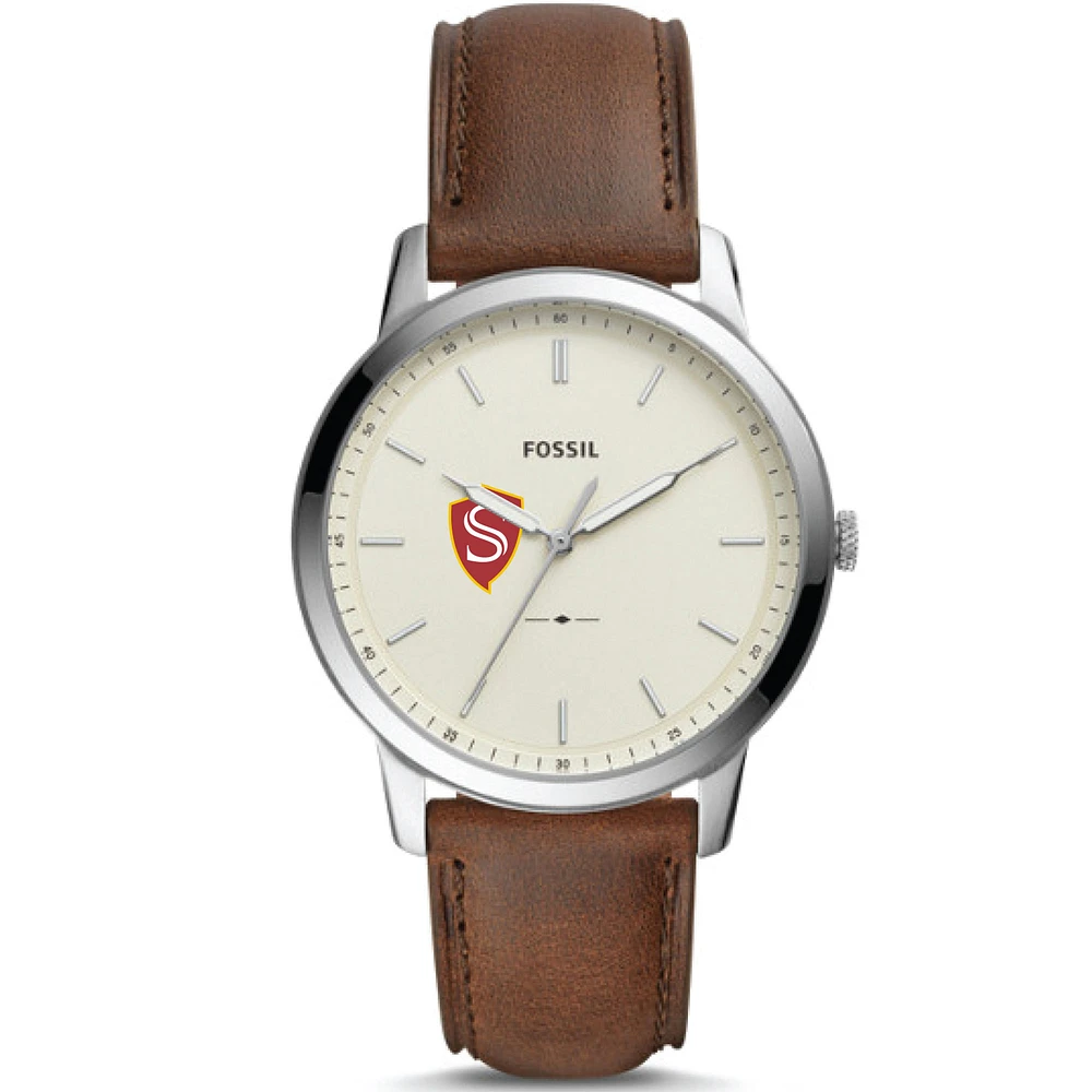 Men's Fossil Silver Cal State Stanislaus Warriors The Minimalist Brown Leather Watch