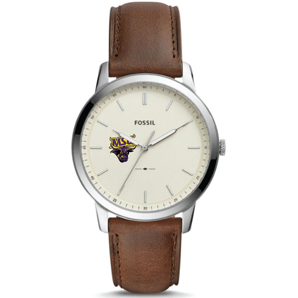 Men's Fossil Silver Minnesota State Mavericks The Minimalist Brown Leather Watch