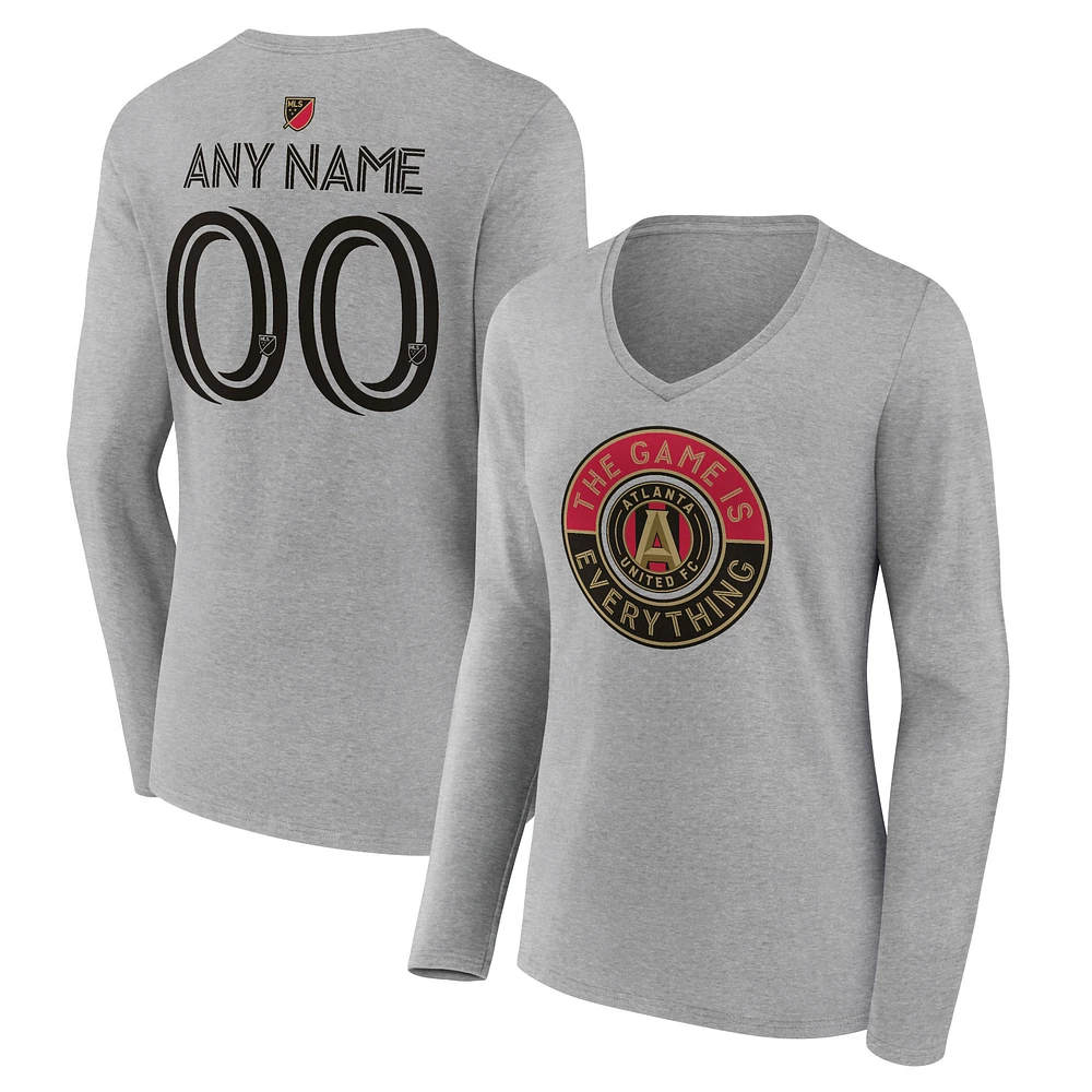 Women's Heather Gray Atlanta United FC The Game Is Everything Personalized Any Name & Number Long Sleeve V-Neck T-Shirt