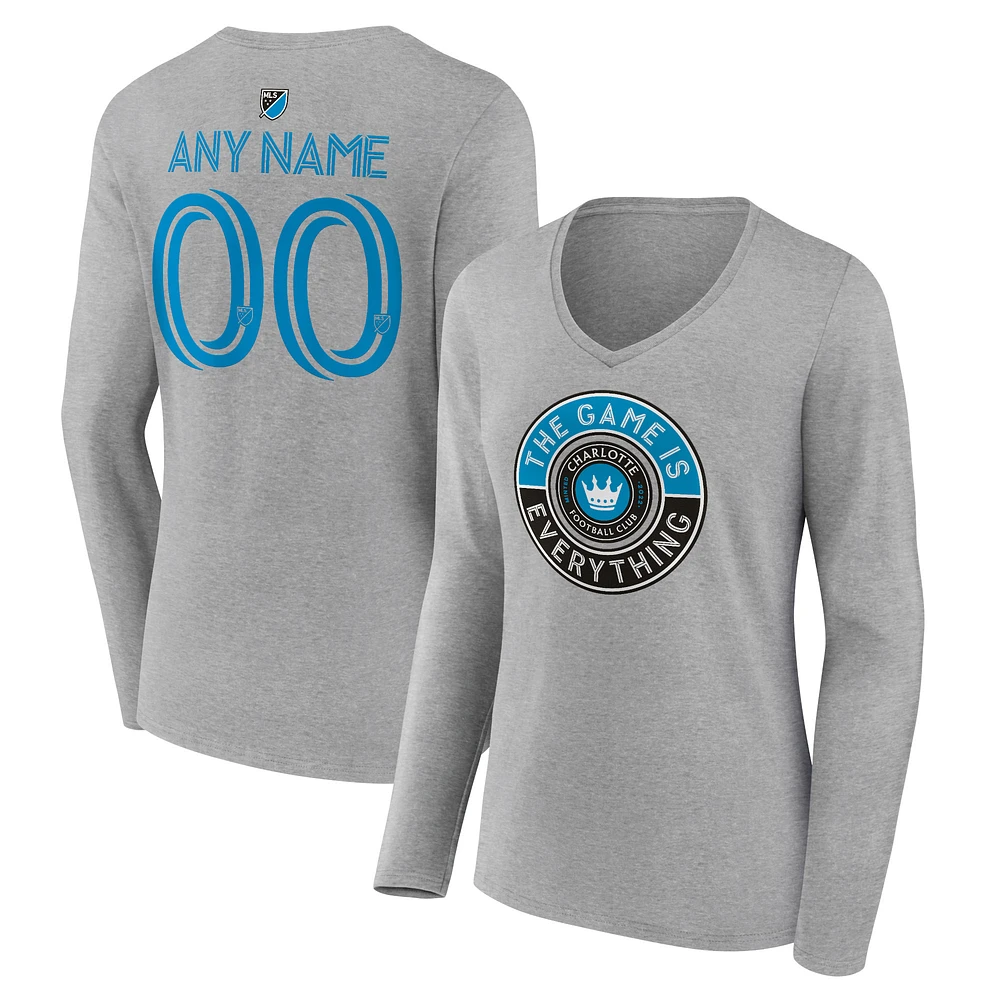 Women's Heather Gray Charlotte FC The Game Is Everything Personalized Any Name & Number Long Sleeve V-Neck T-Shirt