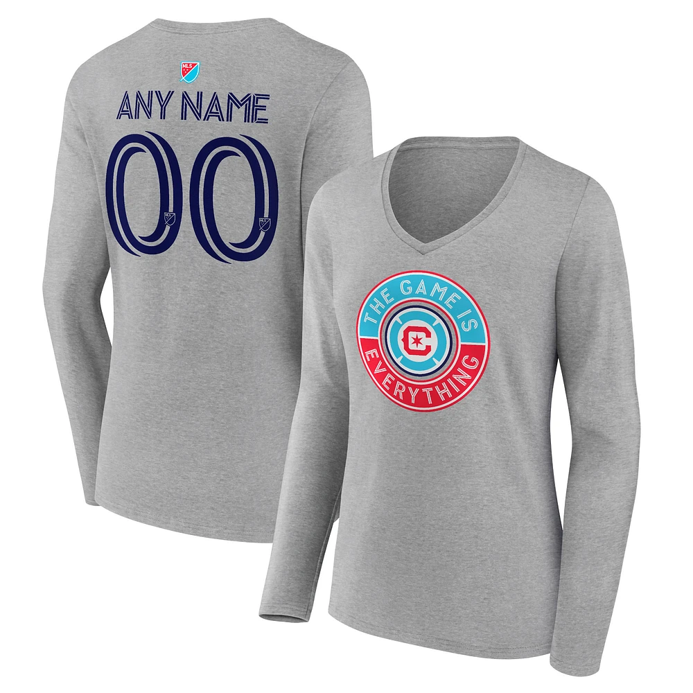 Women's Heather Gray Chicago Fire The Game Is Everything Personalized Any Name & Number Long Sleeve V-Neck T-Shirt