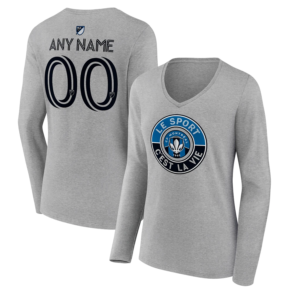 Women's Heather Gray CF Montreal The Game Is Everything Personalized Any Name & Number Long Sleeve V-Neck T-Shirt