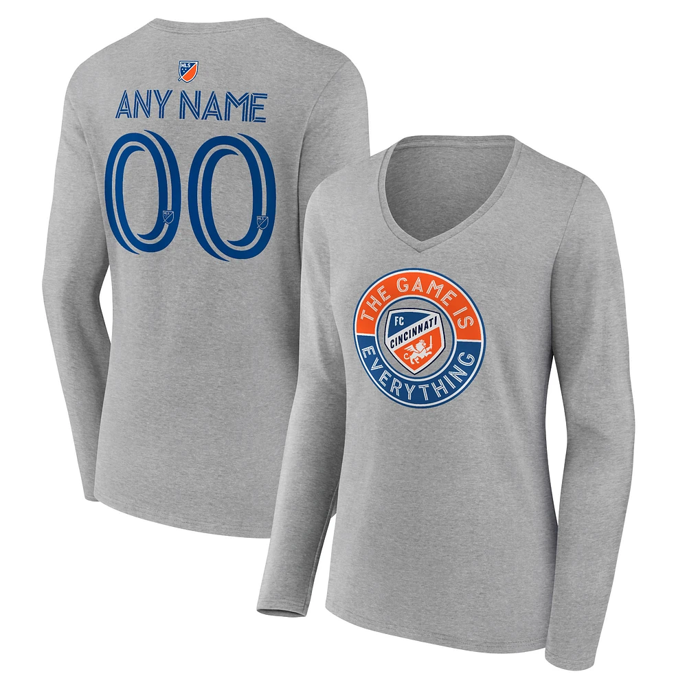 Women's Heather Gray FC Cincinnati The Game Is Everything Personalized Any Name & Number Long Sleeve V-Neck T-Shirt